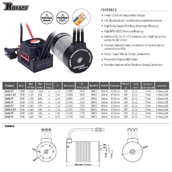 Supass Hobby Rocket 3660 3.175mm Shaft Waterproof Brushless Motor KK 80A ESC T Plug for 1/10 RC Car Model Toy Parts WLtoy 12428
