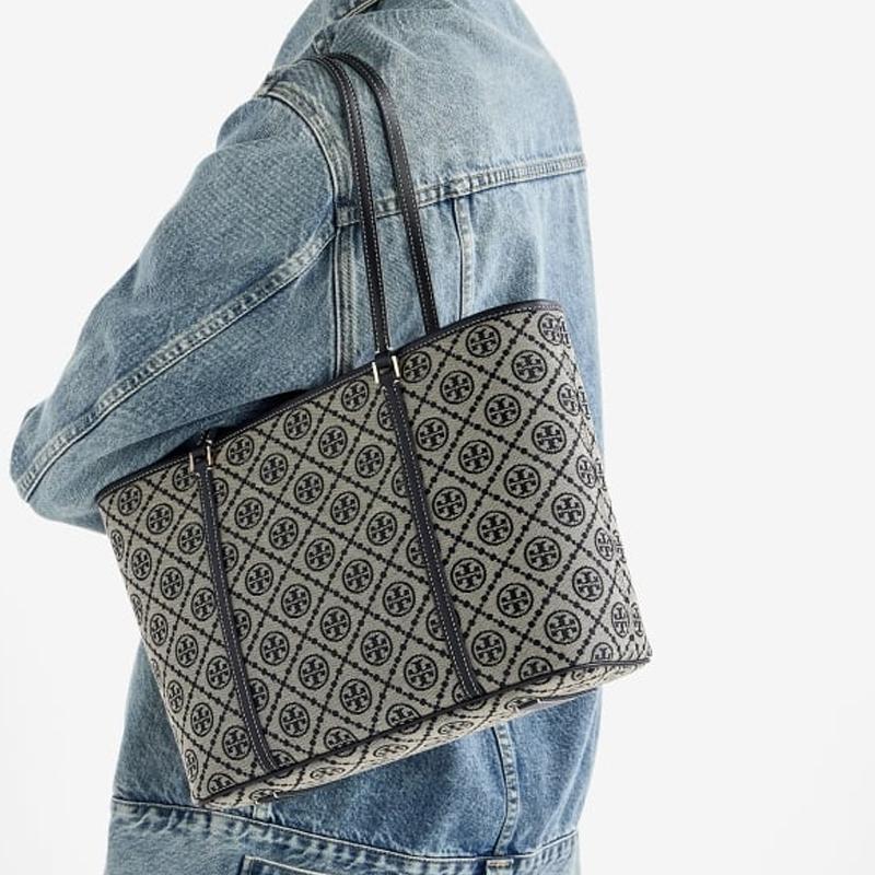 Tory Burch T Monogram Logo Print Zipper Closure Fabric Tote Bag Women Tote Navy-Blue 166419-405