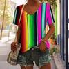 New Color Striped 3D Printed Series Summer V-neck Short Sleeved Slimming T-shirt