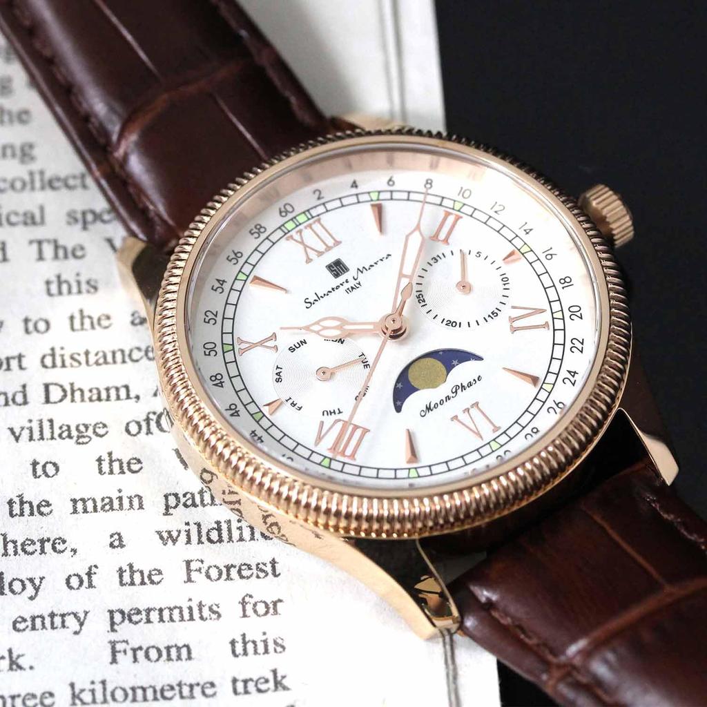 Watch Moon Phase Multi Calendar 5 ATM Water Resistant Business Formal Leather Belt Limited Model Pink Gold White [Salvatore Mara] Men's SM24110-PGWH