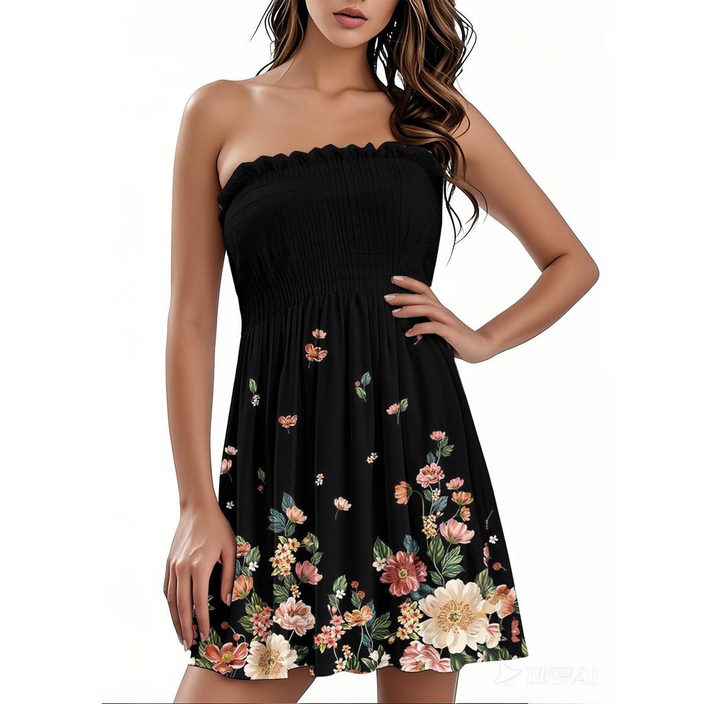 Модное женское повседневное платье-бандо с цветочным принтом без рукавов