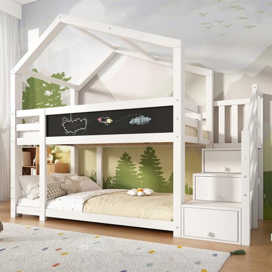 Children Bed Tree House with Storage Stairs, Loft Bed with Higher Safety Handrails, 90x200 Storage Bed Without Mattress, Kids Double-layer