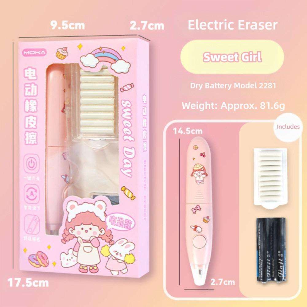 Cartoon Design Automatic Eraser Battery Powered No Debris Eraser Electric Eraser Set  Students Use