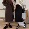 Women A-Line Skirt Elastic High Waist Solid Color Retro Slit Skirt Solid Autumn Winter Slimming Skirt