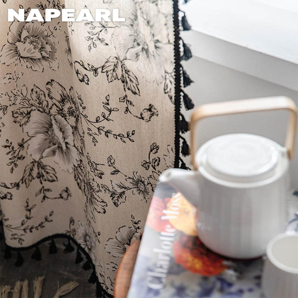 1 шт. NAPEARL, средне-античный стиль, черно-белые хлопковые и льняные занавески с принтом, полузатемняющиеся шторы с кисточками для маленьких окон, балкона, домашний декор