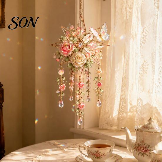 Outdoor Living Space Accessories Acrylic Flower & Sun/Moon Wind Chimes, Window Hanging Suncatcher for Unique Home Decor Gifts Room Balcony, Decorative