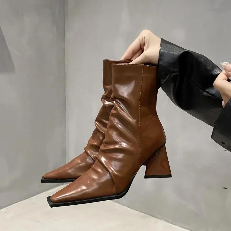 Осень и зима Новые женские остроносые узкие ботильоны с застежкой-молнией сзади на блочном каблуке универсальные модные ворсовые сапоги на высоком каблуке