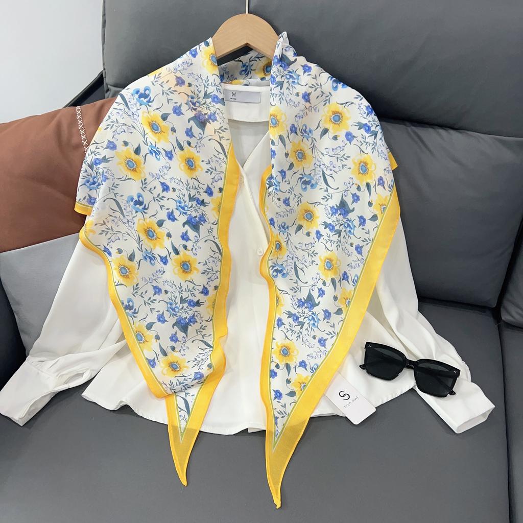Spring and summer breathable thin silk scarf women's fashion flower decoration small shawl outer scarf sweet temperament rhombus scarf