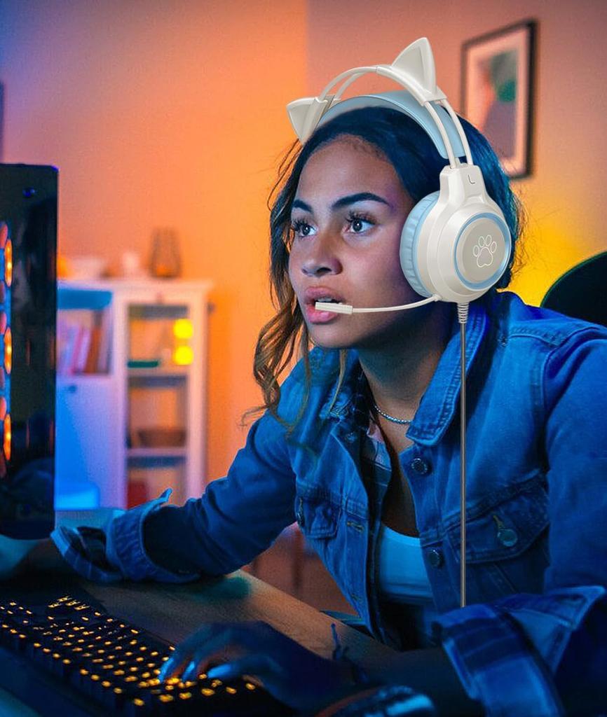 YIK TUNG Cat Ear Gaming Wired Headphones with 40mm RGB USB Soft Protective Excellent Sound Adjustable Cute Compatible with and Language New Japanese