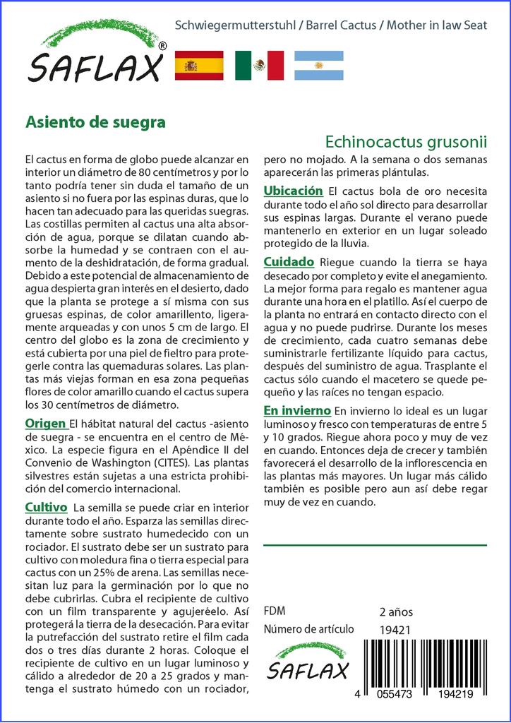 SAFLAX Garden in the Bag - Кактус-бочка / Сиденье для тещи - 40 семян - С субстратом в подходящем пакете-стойке - Echinocactus grusonii