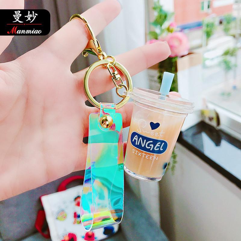 Cute Mini Pearl Milk Tea Keychain Adorable Acrylic Cartoon Style Keyring Accessory