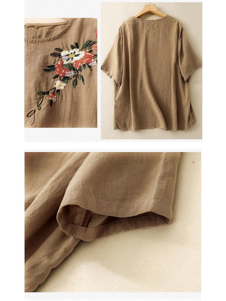 Women's Ethnic Embroidered Cotton-Linen Short Sleeve Loose Top