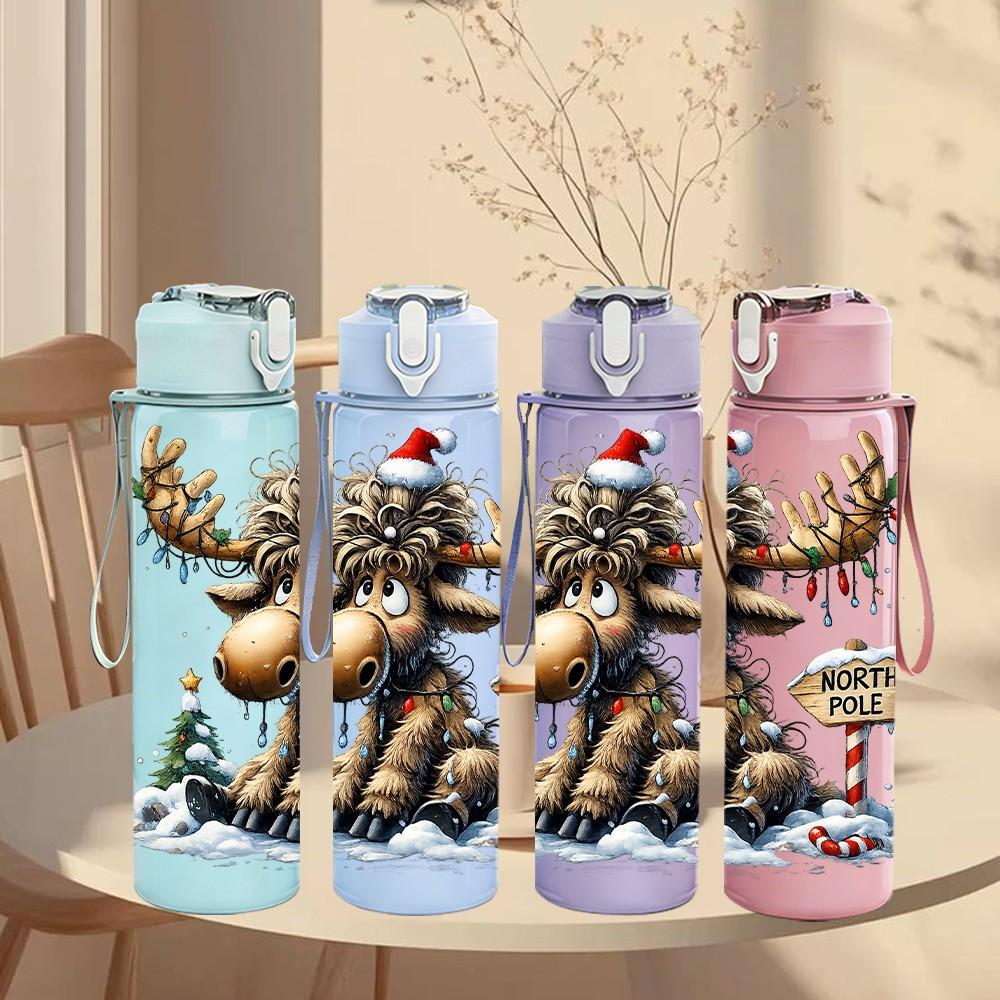 1PC Christmas Moose Reindeer Cartoon Art 750ml Color Plastic Sports Water Bottle Leakproof Flip Straw Lid Suitable for Sports Office Home Use