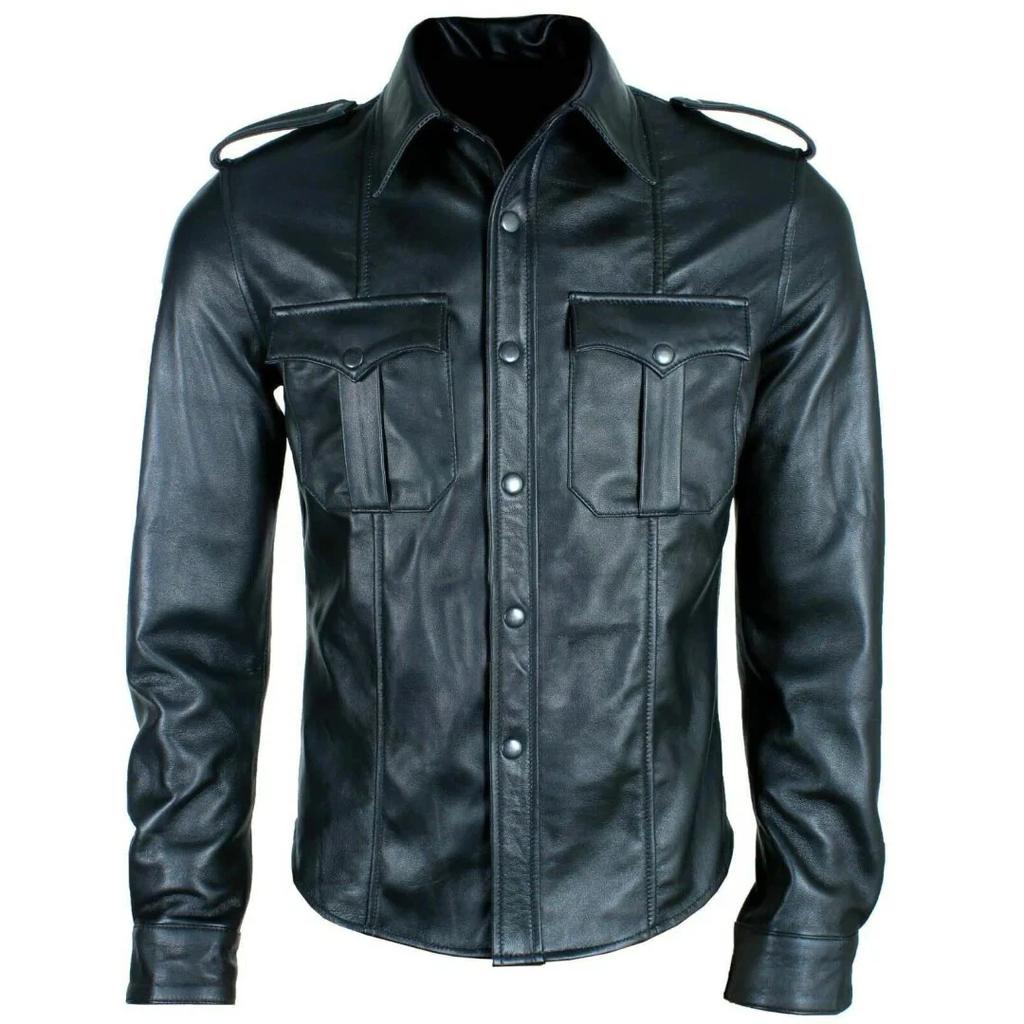 Casual Classic Black Handmade Shirt Men Stylish Formal Genuine Lambskin Original Leather