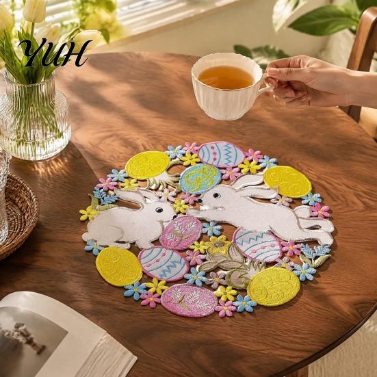 Cute Table Linens for Children Easter Rabbit Egg Placemat, Polyester Fiber Decorative Mat, Non Holiday Dinner Plate Mats Slip Hollow Tableware