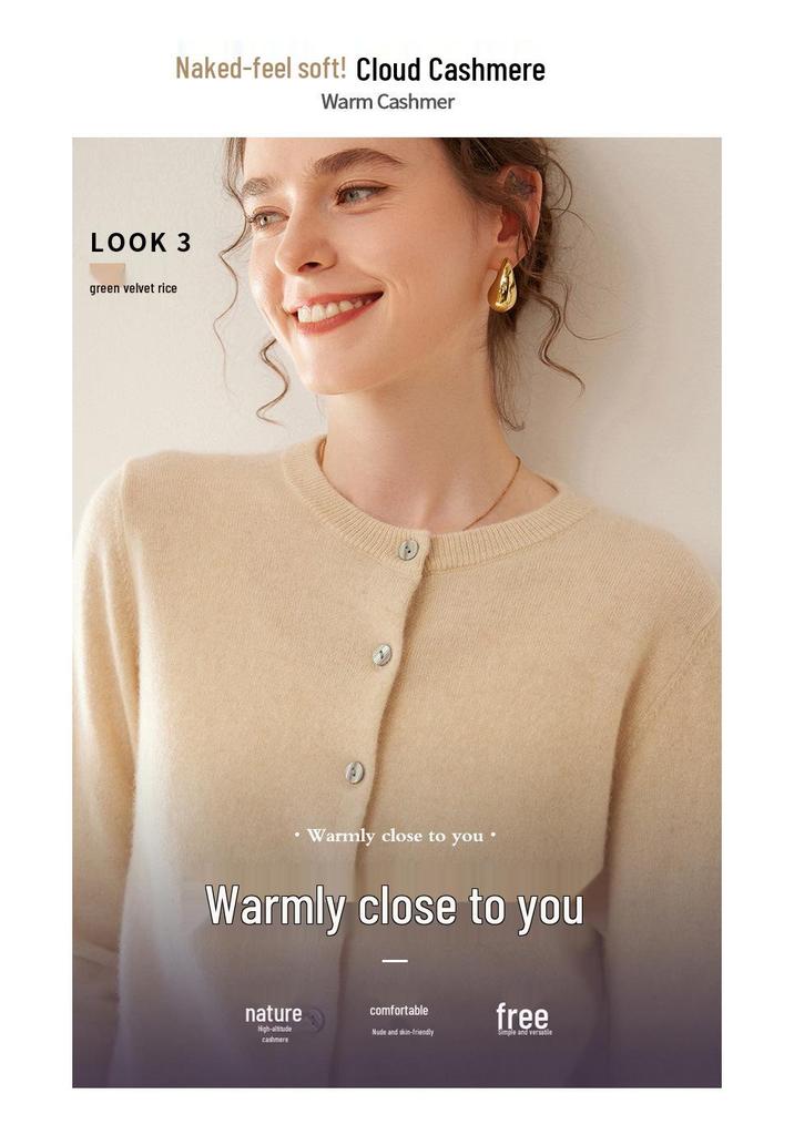 Women's Medium-Thick Cashmere Round Neck Single-Breasted Cardigan Sweater - Spring/Autumn