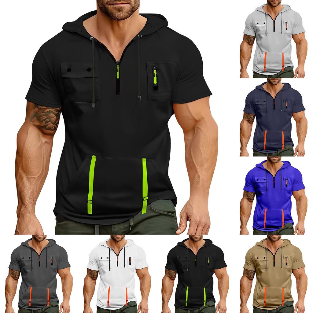 Men's Summer Shirt Zipper Pocket Short Sleeve Hooded Sweatshirt Men's Sports Large Size Casual Sweatshirt