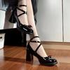 Fashion New Black Retro Cross-Tie Pumps Casual Summer Marry Janes Round Toe Shoes Ladies Lolita Sweet Fashion Shoes Woman Bow Design