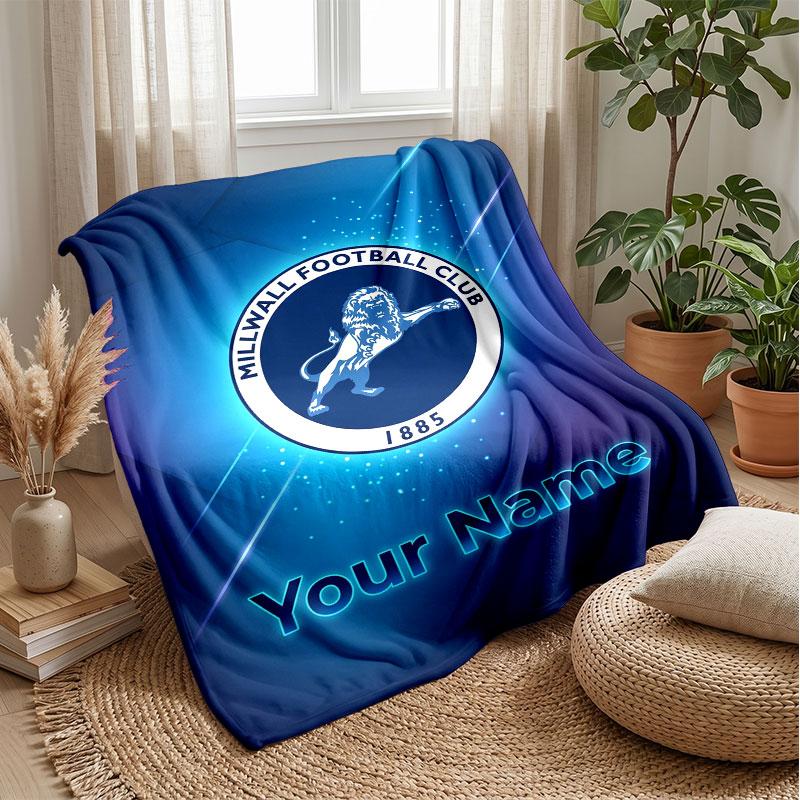 Millwall Custom Name Text Flannel Blanket Soccer Logo Personalized Fleece Throw Blanket Special Gift For Sofa Bedroom Home