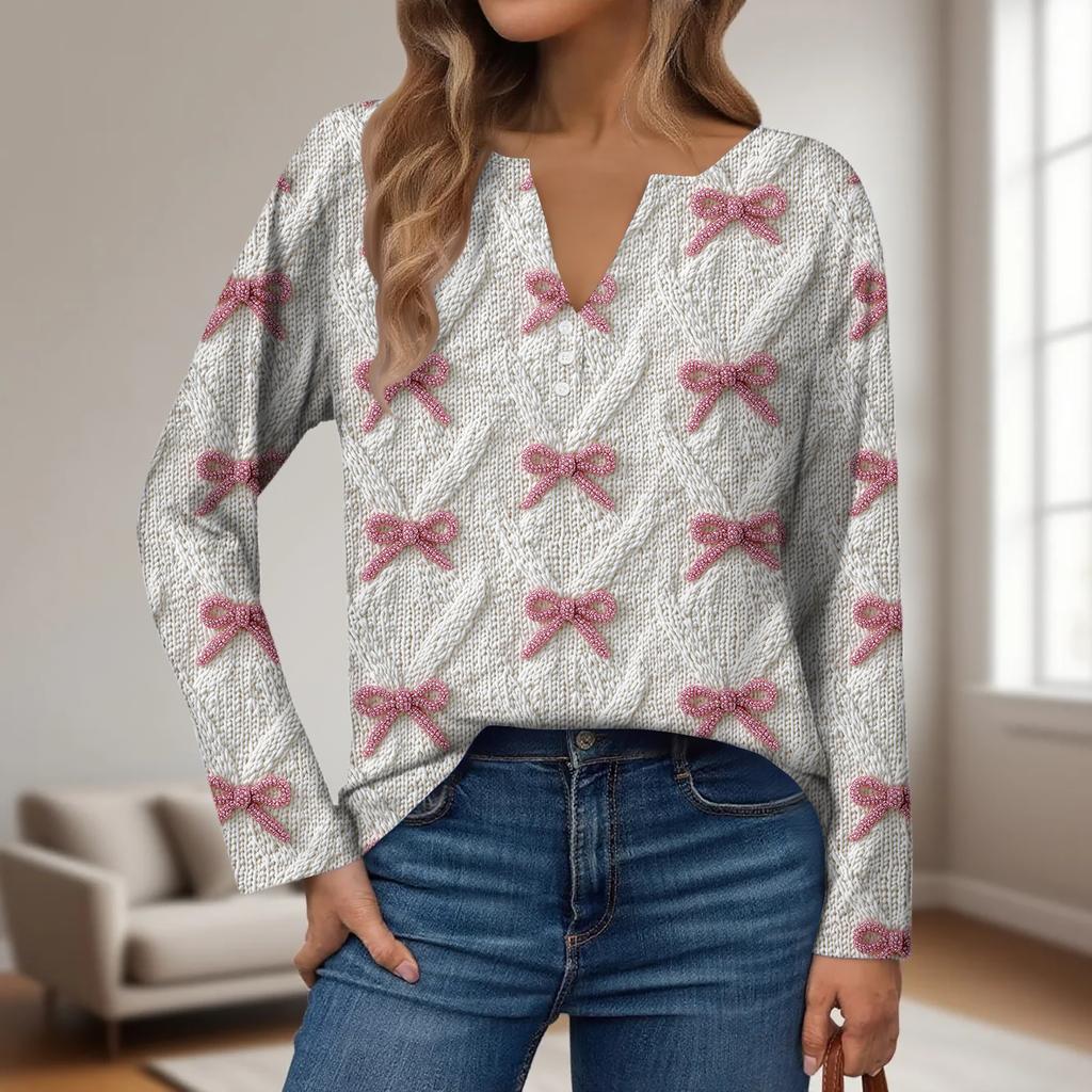 Women's Fashion Casual V-Neck Button-Up Long-Sleeve T-Shirt With Christmas Print Top