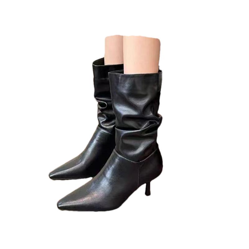 Модные женские ботинки до середины икры с острым носком, кожаные, сексуальные, на высоком каблуке, плиссированные туфли, женский тренд 2024, зимние элегантные туфли-лодочки Mujer Botas