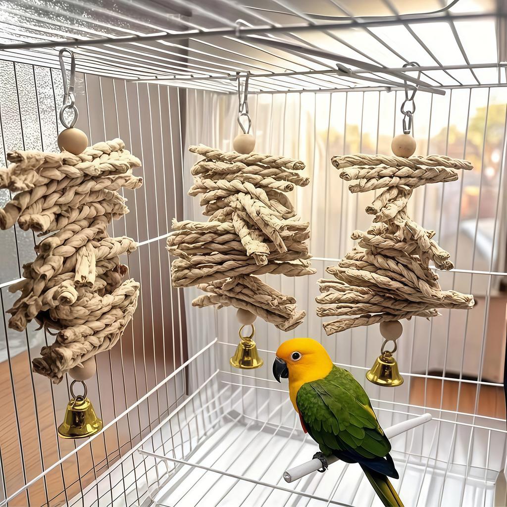 Parrot Chew Toy Natural Corn Husk Braided Teething Bell String For Pet Birds Entertainment And Anxiety Relief