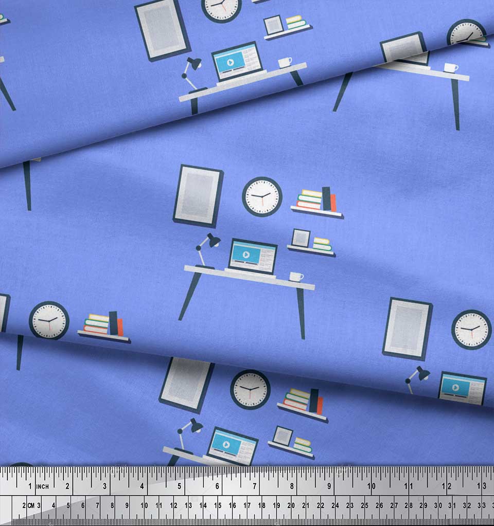 Soimoi Синий японский креп-сатиновый монитор, книги и учебный стол, образовательная тема, метр швейной ткани с принтом, 42 дюйма