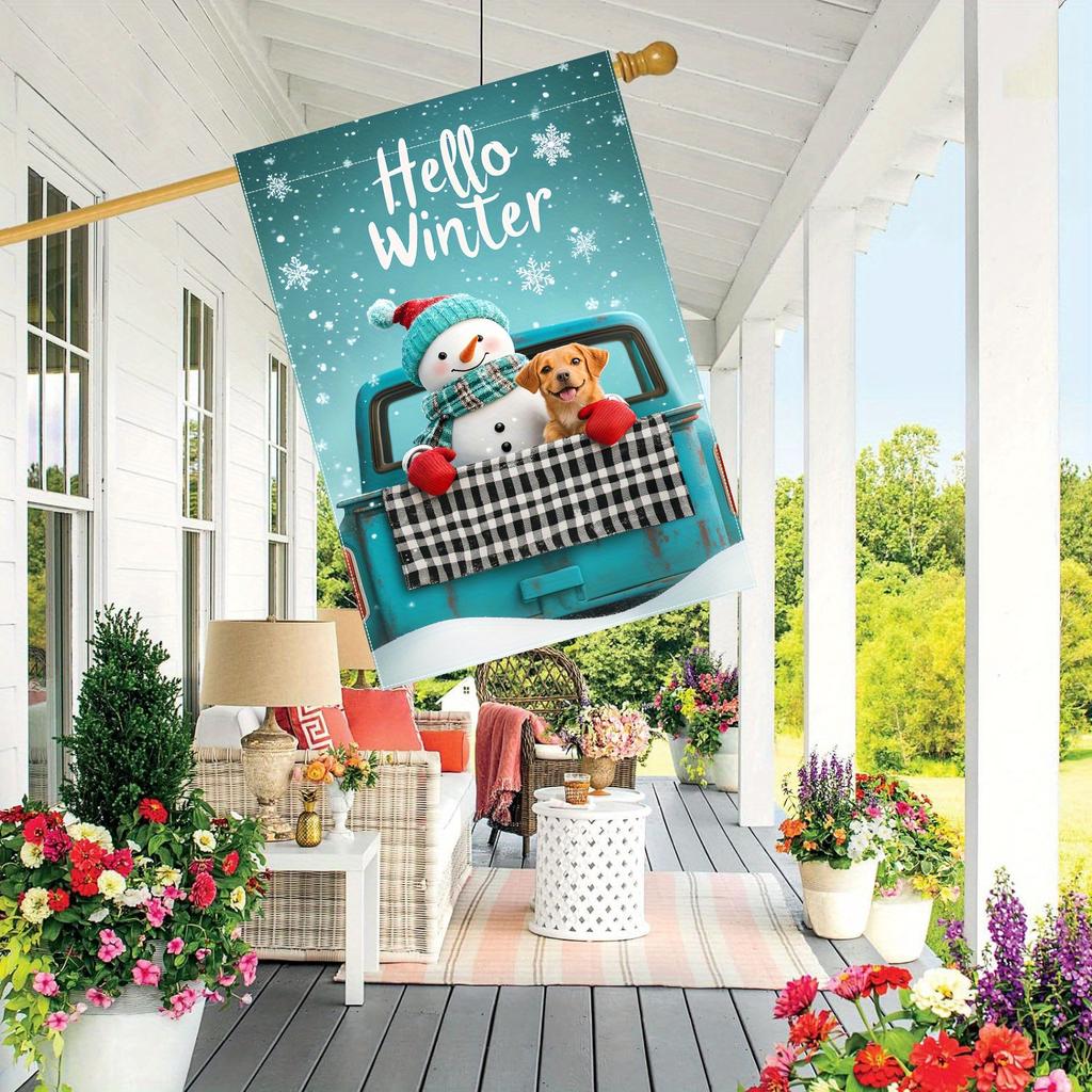 Hello Winter" Snowman & Dog Blue Truck Garden Flag , Double-Sided, Durable Polyester, Perfect for Outdoor Lawn and Courtyard Decor