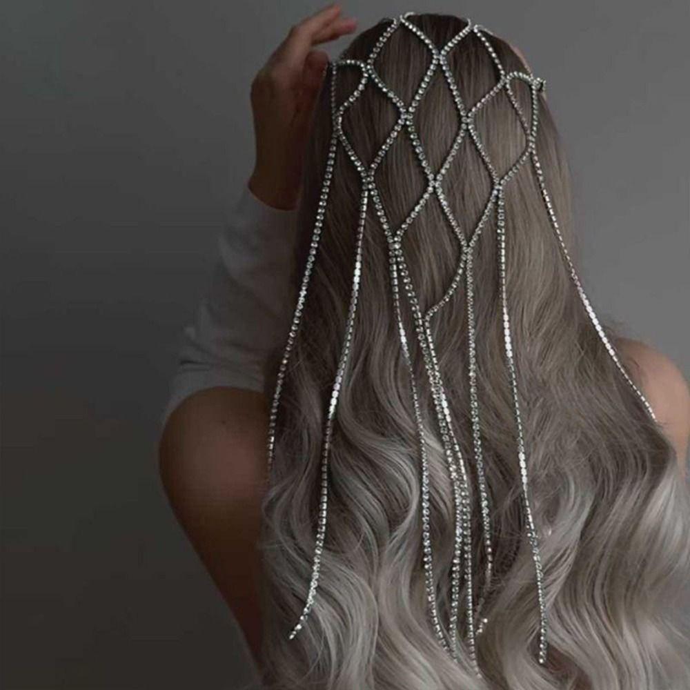 Rhinestone Inlaid Mesh Headband Long Chain Bridal Headpiece Rhinestone Mesh Headpiece Gatsby Party