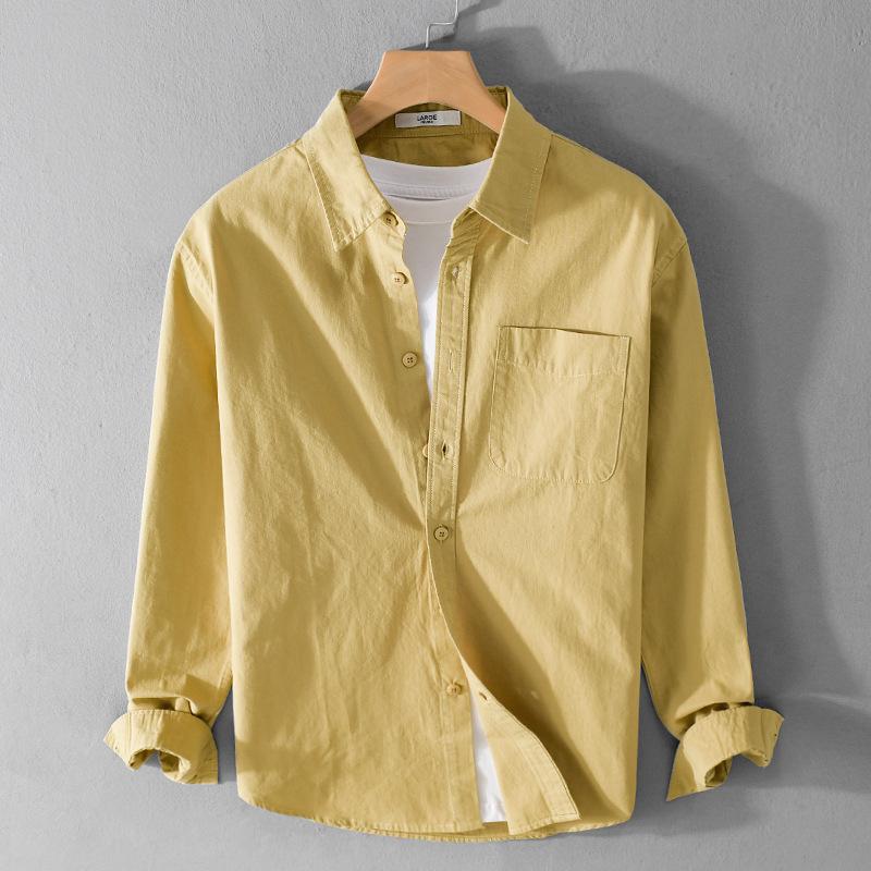 Весна и лето 100% хлопок рубашки с длинным рукавом для мужчин повседневные топы с воротником-лацканом карман однотонные мужские рубашки простой стиль одежды