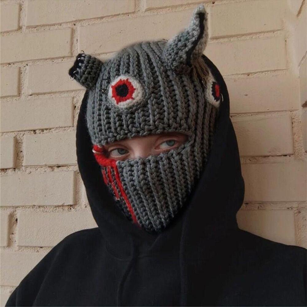 Halloween Knitted Balaclava Hat Full Face Cover Ski Cap Cute Devil Horn Beanie Autumn/Winter