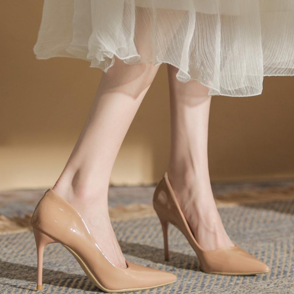 2025 New Women's Non-Chafing Nude High Heels - Sexy Patent Leather Stiletto Pointed Toe Soft Leather Bridesmaid Shoes XCY-930-1