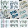 HANDMADE Coffin Shaped Artificial Nail Art Green Blue Icy Full Diamond Camellia Gradient Chain Versatile New Chinese Style Phototherapy Nails