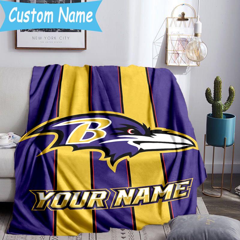 Custom Name football Ravens Logo Flannel Blanket, Use for Birthday/Holiday Gift, Soft Blanket for Sofa/Bed/Camping/Office, Home Decor