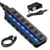 Jiaichichenju USB Hub 7 Port 5Gbps High Speed Lightweight Compact USB Port Band Blue LED USB Hub Powered with AC 1 Meter Cable USB3.0 Hub,