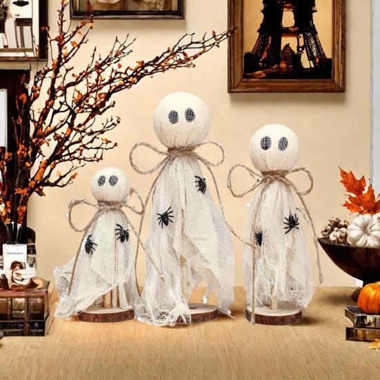3 шт. Рустикальный декор на Хэллоуин в виде призраков, Деревянные и тканевые фигурки призраков ручной работы, 3 размера, Декор для полки в стиле фермерского дома, Товары для вечеринки