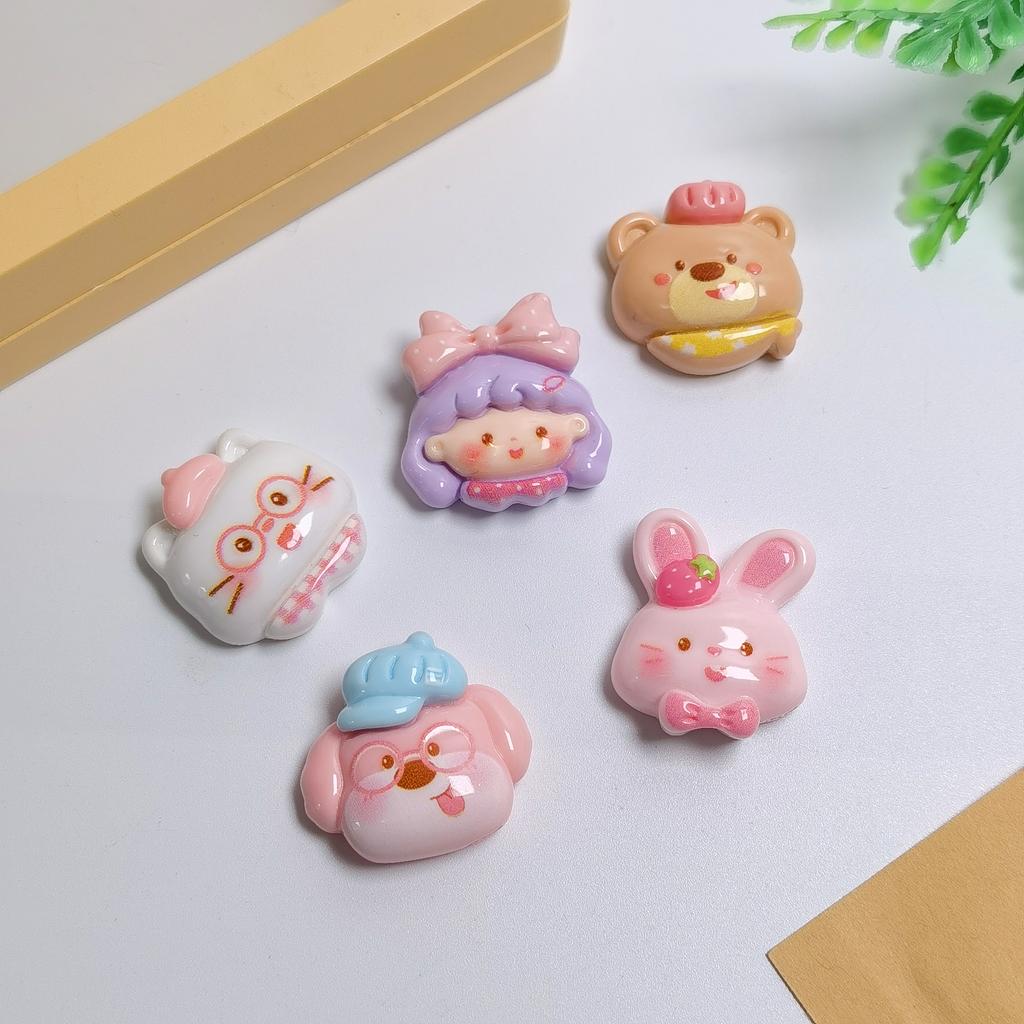 Bulk 100Pcs/Lot Lovely Strawberry Rabbit Cat Dog Bear Bowknot Girl Head Flatback Resin Cabochons No Hole Beads for Jewelry DIY