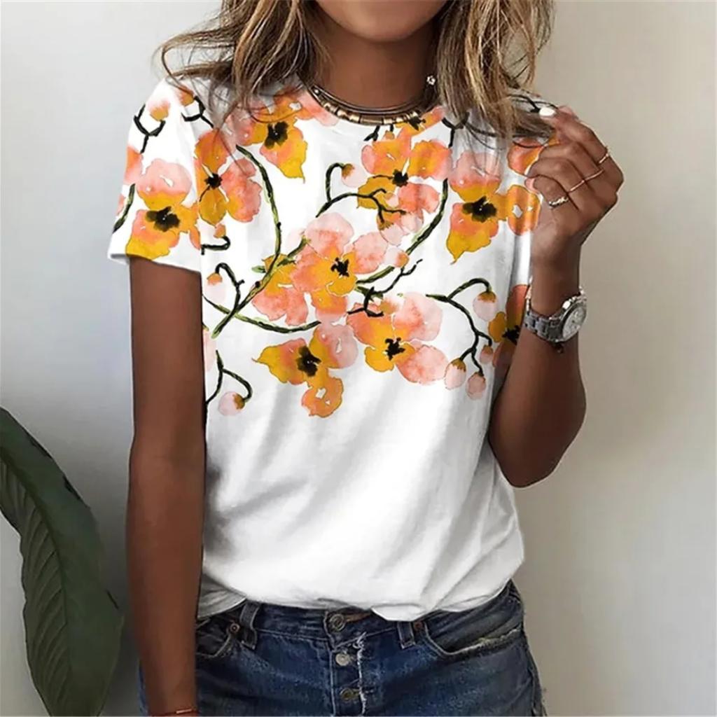 Новая женская футболка с красивым цветком, летний топ с круглым вырезом и короткими рукавами, розовый модный повседневный женский уличный топ