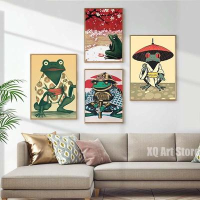 Японский постер с лягушкой, настенное искусство, молящаяся лягушка, винтажный принт на холсте, восточный стиль, печатные забавные принты с животными для гостиной и дома