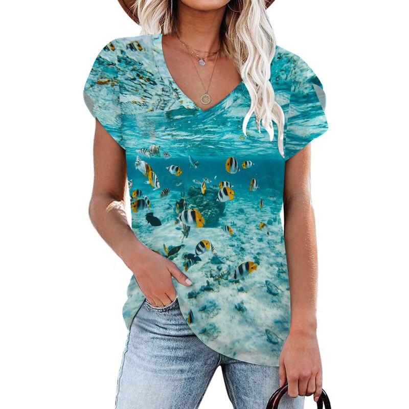 Blusas 2023 Летняя пляжная футболка с коротким рукавом, модная женская уличная футболка с принтом, свободная футболка с круглым вырезом, элегантная одежда 25702