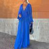 Women Evening Dress Deep V Neck Pleated Long Sleeves Solid Color High Waist Vacation Beach Party Maxi Dress