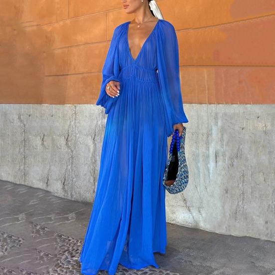 Женское вечернее платье с глубоким V-образным вырезом, плиссированное, с длинными рукавами, однотонное, с высокой талией, для отпуска, для пляжной вечеринки, платье макси, длинное платье для выпускного вечера