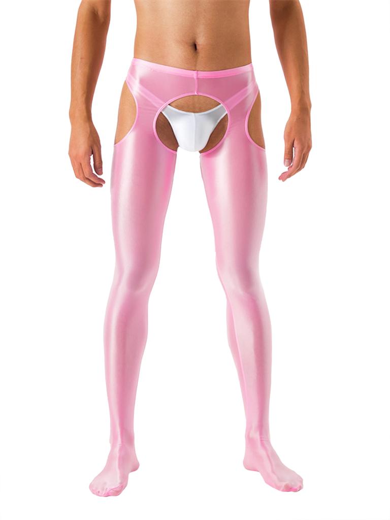 Mens Cutout Crotchless Pantyhose Glossy Mid Waist Tights Leggings
