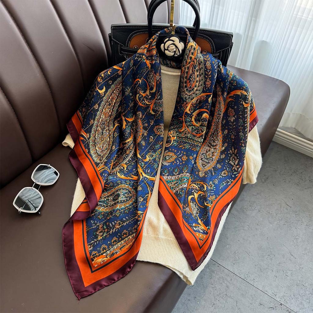 New 90cm Square Scarf Retro Cashew Floral Print Silk Scarfs Women Foulard Headscarf Summer Shawl Hijab Bandana Neck Head Scarf
