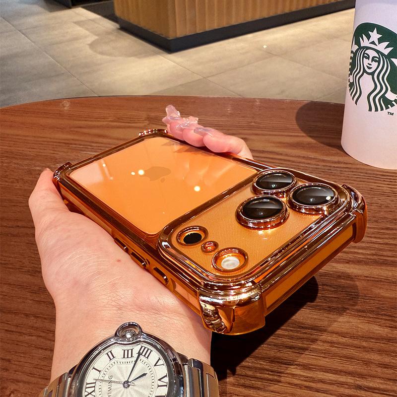 Electroplated four-corner airbag shell for new style phone case with lens film, iPhone 16 shockproof protective cover