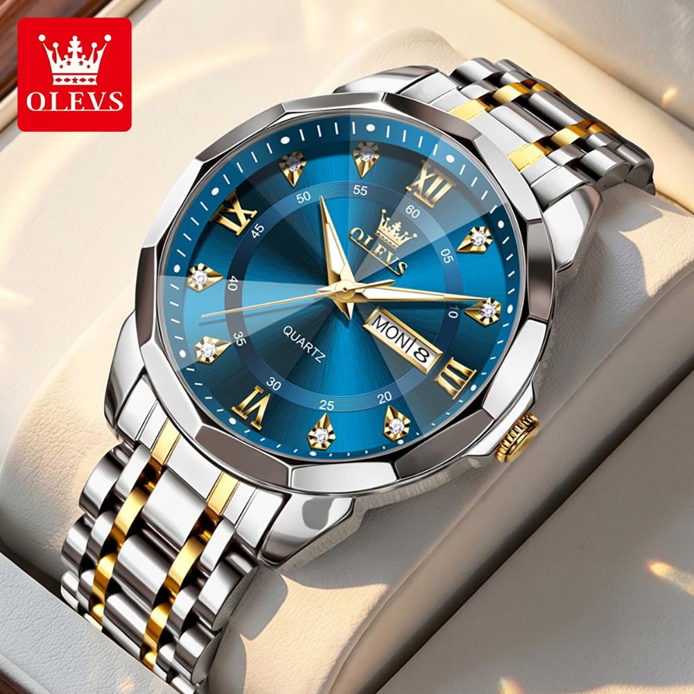 OLEVS Original Quartz Watch for Men Stainless Steel Strap Fashion Rhombus Mirror Dual Calendar Watch Business Men's Wristwatches