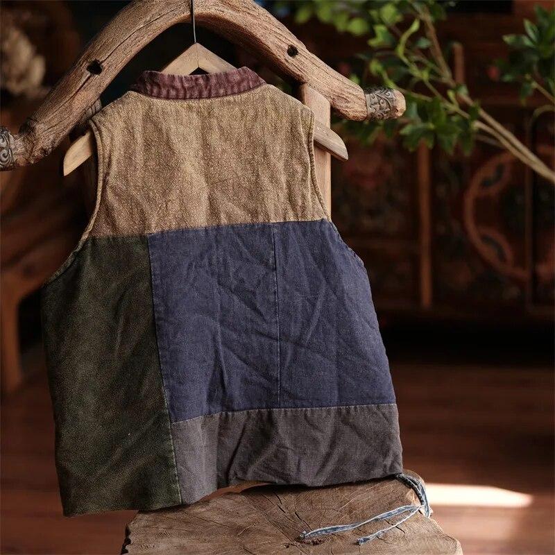 Johnature Женские винтажные лоскутные цветные жилеты, пальто со стойкой, хлопковая льняная одежда, пояс в китайском стиле, плюс хлопковые жилеты