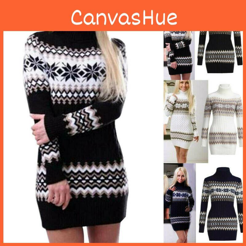 Elegant Christmas Woman Turtleneck Sweater Dress With Festive Snowflake Pattern