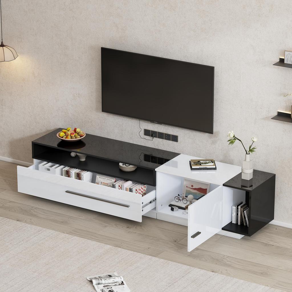 High Gloss, TV Board Lowboard Drawer, Door Open Compartment, Elegant TV Stand Television Up To 70 Inches, Dining Room, 170cm, White & Black