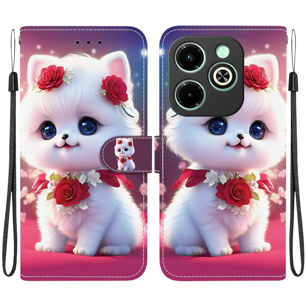 Handmade PU Leather Flip Case for Infinix Hot 40i (X6528B) Anti-Slip Shockproof Cover with Wrist Strap & Heart/Rose Cat Designs
